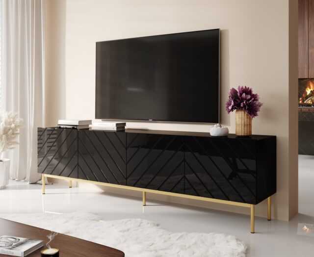 ABETO RTV cabinet on golden steel frame 200x42x60 black/gloss black - imagine 2