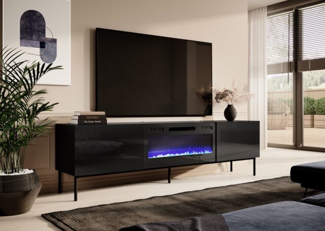 RTV cabinet SLIDE 200K with electric fireplace on black frame 200x40x57 cm all in gloss black - imagine 2