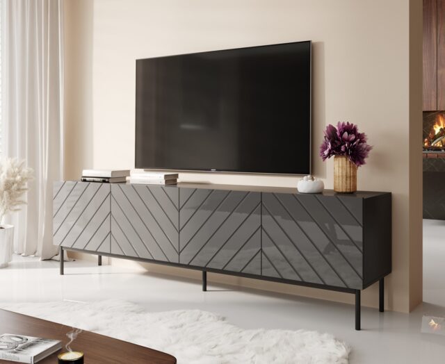 ABETO RTV cabinet on black steel frame 200x42x60 graphite/glossy graphite - imagine 2