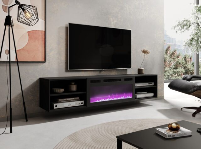 RTV cabinet POLO 180x33x39 black + fireplace black - imagine 4