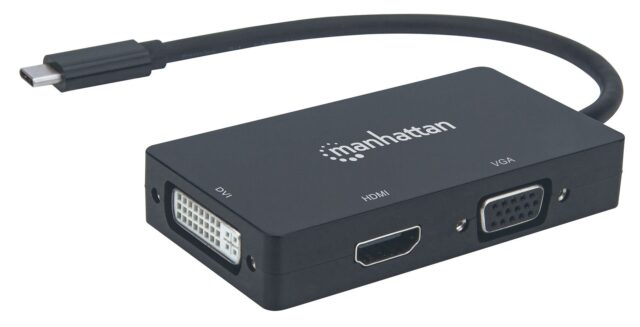 Manhattan USB-C Dock/Hub  Ports (x3): DVI-I  HDMI and VGA Ports  Note: Only One Port can be used at a time  External Power Supply Not Needed  Universal for all devices  Cable 10cm  Black  Three Year Warranty - imagine 3