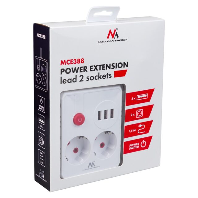Maclean power strip  extension cord 2 sockets + 3xUSB  110-240V AC 50/60Hz  2.1A max 2500W  1.5m  white  MCE387 W - imagine 6