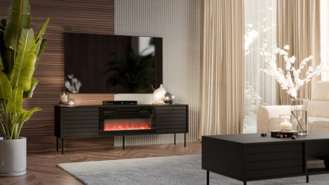 Cama CORTINA TV cabinet 180x40x60 black + black fireplace - imagine 3