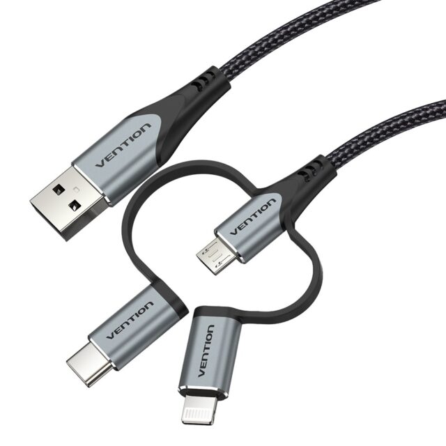 Vention USB 2.0 A Male to 3-in-1 Micro-B&USB-C&Lightning Male Cable 1M Gray Aluminum Alloy Type - imagine 7