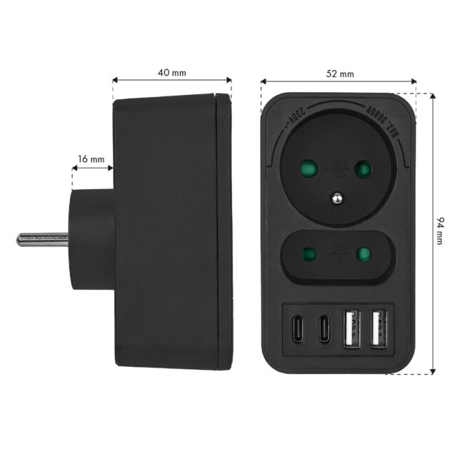 Maclean current socket x2 + 4xUSB  splitter with 2 sockets  2xUSB A  2xUSB C PD 20W  1x16A + 1x6A  MCE249 F/B - imagine 6