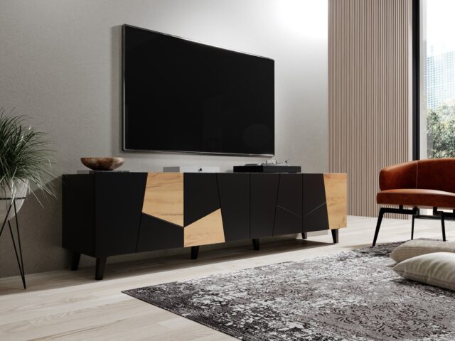RTV cabinet ETNA 200x42x52 black matt + oak craft - imagine 6