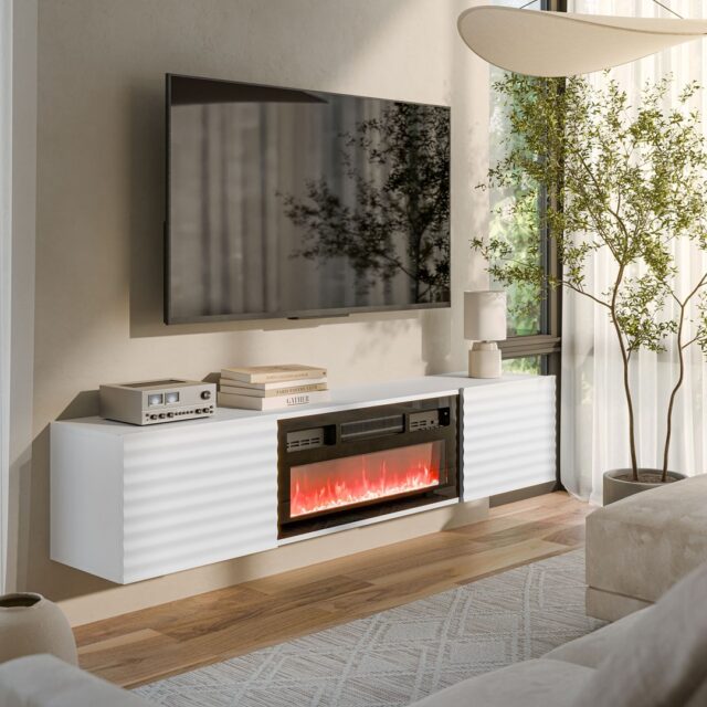 Cama RTV cabinet TULA 183x35x37 white matt + black fireplace - imagine 3