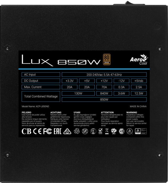 Aerocool LUX850 PC Power Supply 850W 80 Plus Bronze 230V 88% Efficiency Black - imagine 5