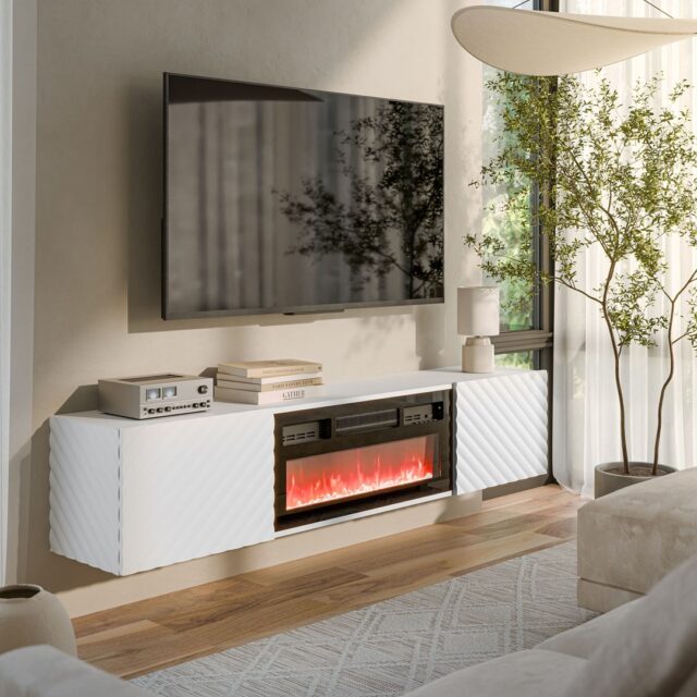 Cama RTV cabinet LARA 183x35x37 white matt + black fireplace - imagine 3
