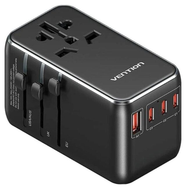 Uniwersalny adapter podróżny z ładowarką Vention 100W GaN 1x USB-A 3x USB-C czarny - imagine 3