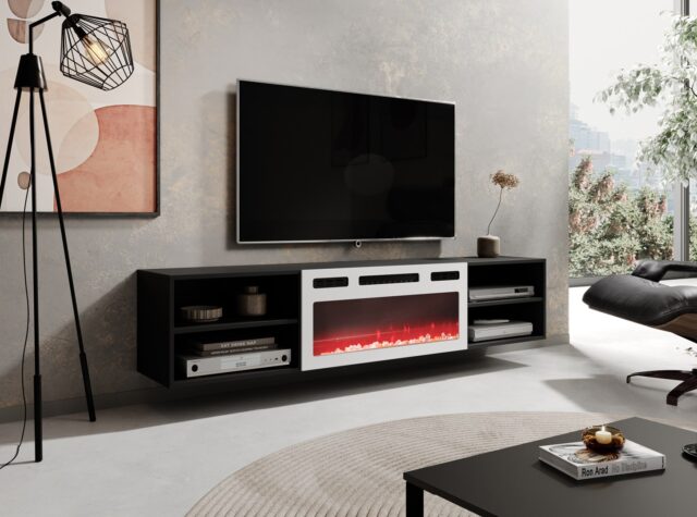 RTV cabinet POLO 180x33x39 black + fireplace white - imagine 4
