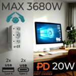 Current socket x3 + 4xUSB Maclean  splitter with 3 sockets  2xUSB A  2xUSB C PD 20W  1x16A + 2x6A  MCE248 F/W - imagine 13