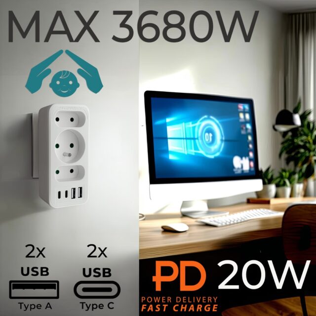 Current socket x3 + 4xUSB Maclean  splitter with 3 sockets  2xUSB A  2xUSB C PD 20W  1x16A + 2x6A  MCE248 F/W - imagine 13