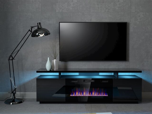 RTV EVA cabinet with electric fireplace 180x40x52 cm black/gloss black - imagine 5