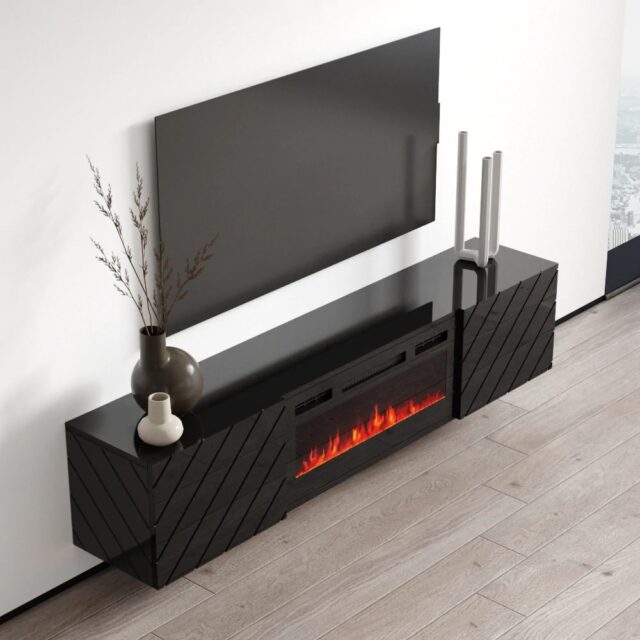 RTV LUXE cabinet 182.6x34.5x37.5 black/black gloss + black fireplace - imagine 3