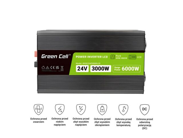 Green Cell Przetwornica napicia PowerInverter LCD 24 V 3000W/60000W Przetwornica samochodowa z wywietlaczem - czysty sinus power adapter/inverter Auto Black - imagine 11