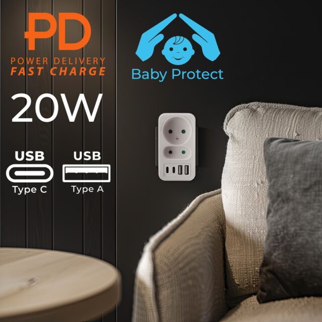 Current socket x2 + 4xUSB Maclean  splitter with 2 sockets  2xUSB A  2xUSB C PD 20W  1x16A + 1x6A  MCE249 F/W - imagine 8