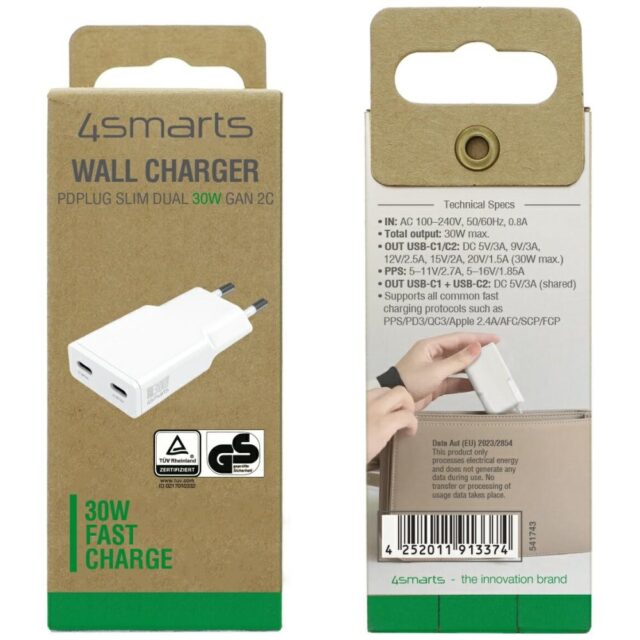 Ładowarka sieciowa 4smarts FlatPlug Slim  Dual 30W GaN 2xUSB-C biały - imagine 8