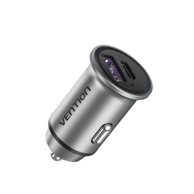 Vention Two-Port USB A+A(30+30) Car Charger Gray Mini Style Aluminium Alloy Type - imagine 3