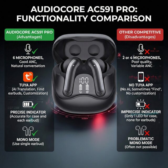 Audiocore wireless headphones  hybrid ANC  ENC  6 microphones  charging case  Tuya  AC591 PRO - imagine 14