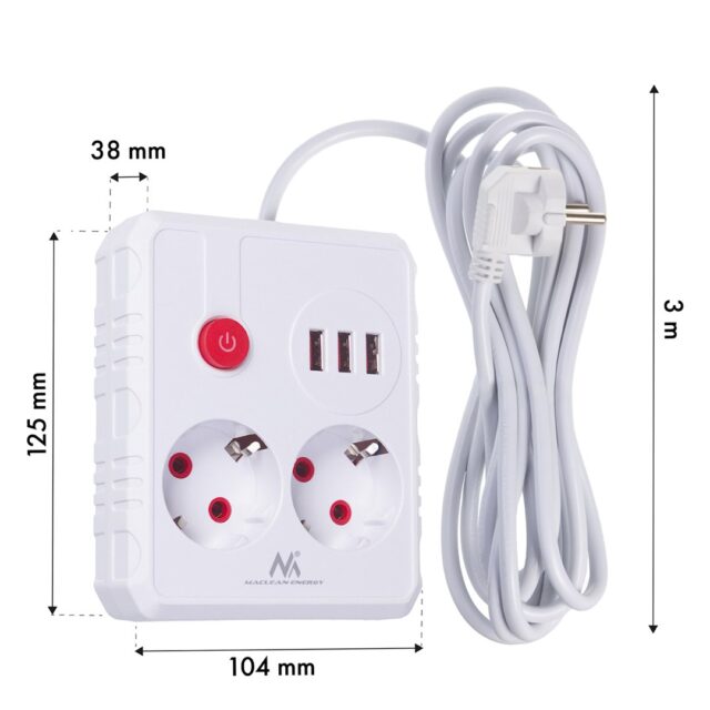 MACLEAN POWER STRIP 2 SOCKETS 3XUSB MCE388 W - imagine 7