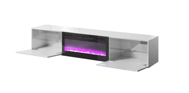 RTV cabinet SLIDE 200K with electric fireplace 200x40x37 cm all in gloss white - imagine 2