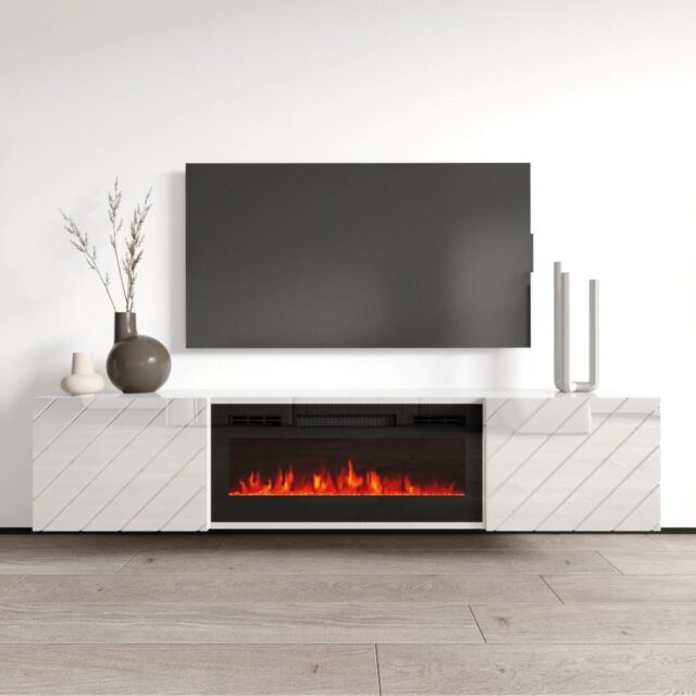 RTV LUXE cabinet 182.6x34.5x37.5 white/gloss white + black fireplace - imagine 3