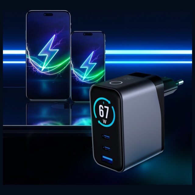 Network charger 3MK InCharge Lumin PD 67W QC4+ PPS AFC FCP SCP USB-A 2xUSB-C TFT with display black - imagine 5