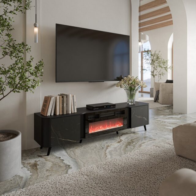 Cama RTV cabinet Volare 200 x 39 x 49 cm black/san sebastian + fireplace - imagine 3