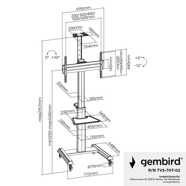 Gembird TVS-70T-02 Aluminum TV floor stand with caster wheels  37  - 70   black - imagine 10
