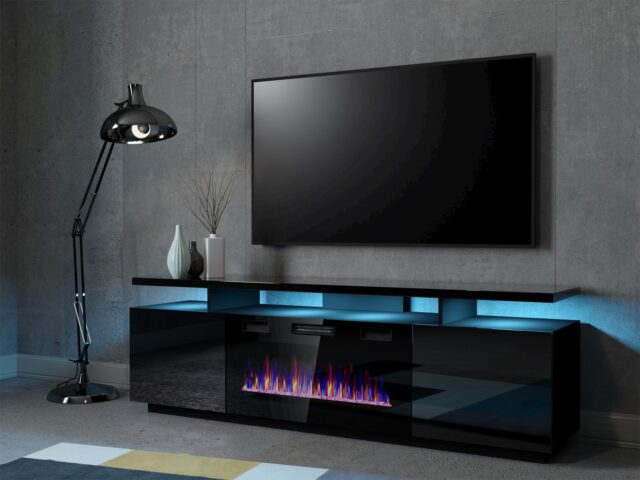 RTV EVA cabinet with electric fireplace 180x40x52 cm black/gloss black - imagine 3