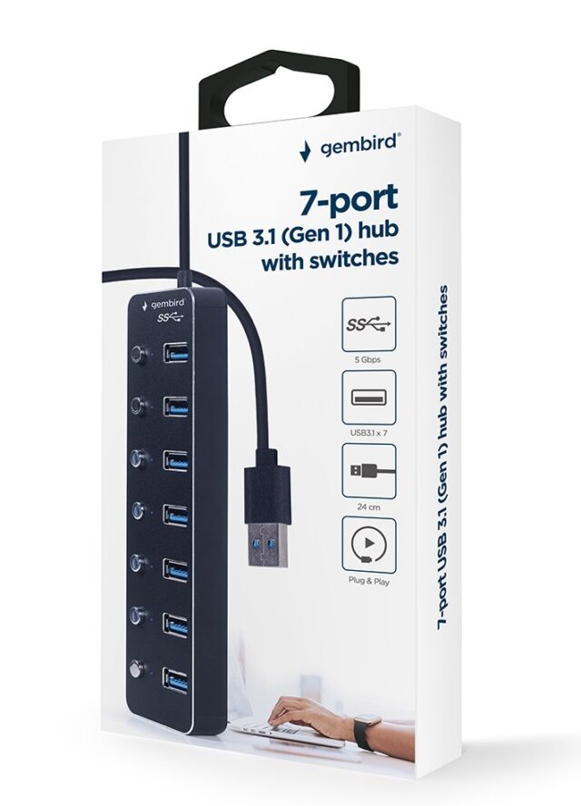Gembird UHB-U3P7P-01  7-port USB 3.1 (Gen 1) hub with switches  black - imagine 5