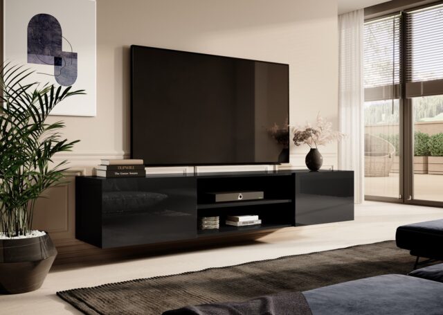 RTV cabinet SLIDE 200K 200x40x37 cm all in gloss black - imagine 3
