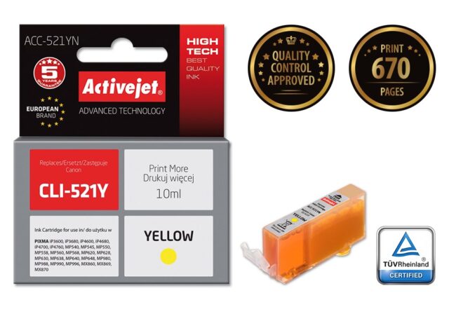 Activejet ACC-521YN Ink (replacement for Canon CLI-521Y; Supreme; 10 ml; yellow) - imagine 2