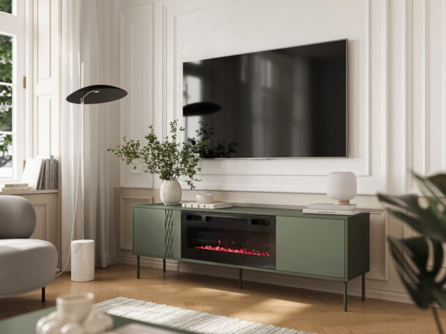 Cama RTV cabinet EF + fireplace black TRESSE 180x40x54.5 matte green - imagine 4