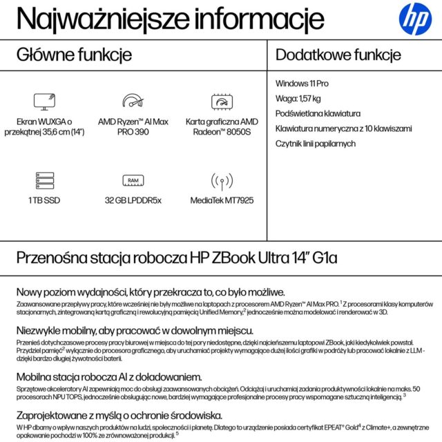 HP ZBook Ultra 14 G1a Ryzen AI MAX PRO 390 14.0 WUXGA IPS 400nits AG 64GB LPDDR5x 8533 SSD1TB Radeon 8050S 74.5Wh W11Pro 3Y OnSite - imagine 4