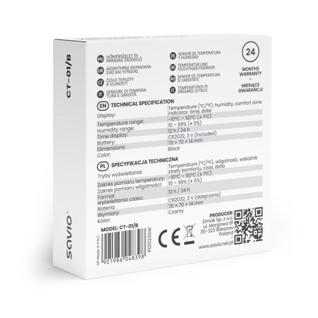 SAVIO Wireless weather station  temperature and humidity sensor  indoor use  LCD screen  clock  date  handle with magnet  CT-01/B Black - imagine 5