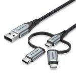 Vention USB 2.0 A Male to 3-in-1 Micro-B&USB-C&Lightning Male Cable 1M Gray Aluminum Alloy Type - imagine 2