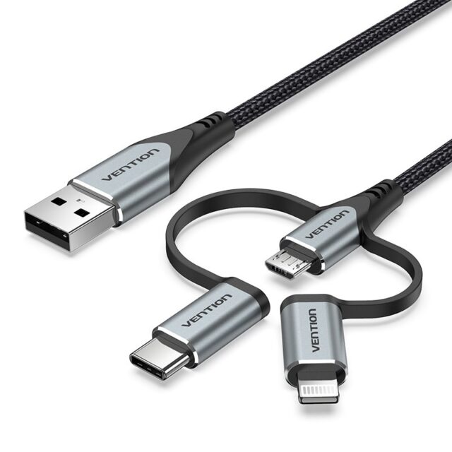 Vention USB 2.0 A Male to 3-in-1 Micro-B&USB-C&Lightning Male Cable 1M Gray Aluminum Alloy Type - imagine 2