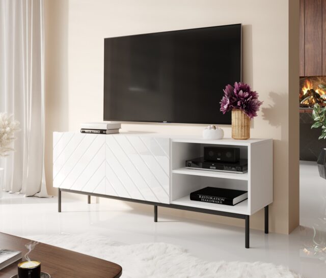ABETO RTV cabinet on black steel frame 150x42x60 cm white/gloss white - imagine 2