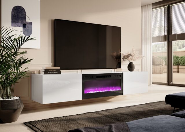 RTV cabinet SLIDE 200K with electric fireplace 200x40x37 cm all in gloss white - imagine 3