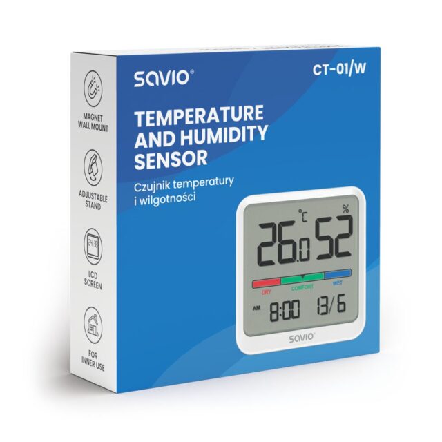 SAVIO Wireless weather station  temperature and humidity sensor  for indoor use  LCD screen  clock  date  handle with magnet  CT-01/W White - imagine 4