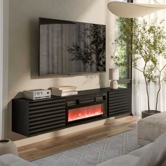 Cama RTV cabinet TULA 183x35x37 black matt + black fireplace - imagine 3