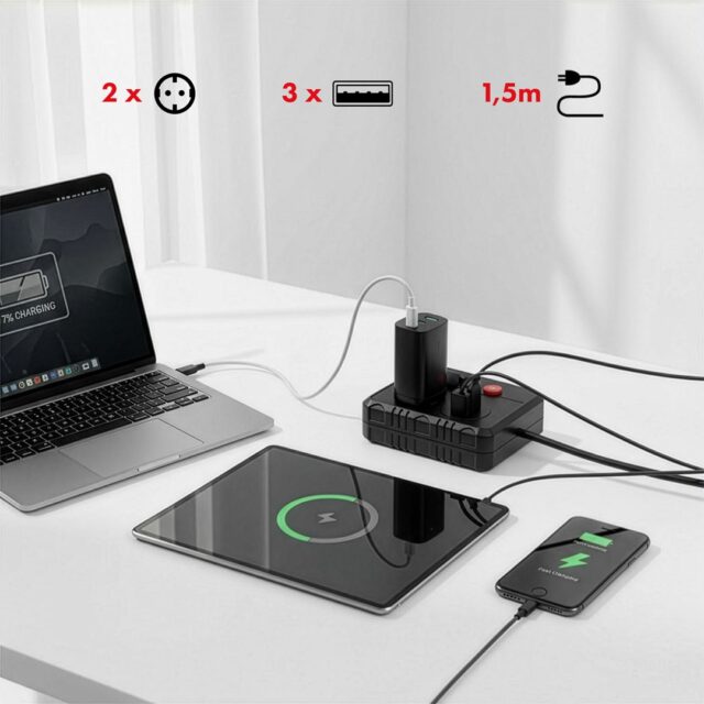 Maclean power strip  extender 2 sockets + 3xUSB  110-240V AC 50/60Hz  2.1A max 2500W  1.5m  black  MCE387 B - imagine 8