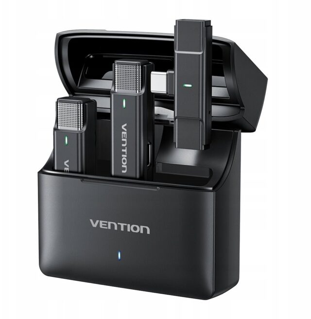 Zestaw 2 bezprzewodowych mikrofonów krawatowych Vention USB-C z etui ładującym czarny - imagine 3