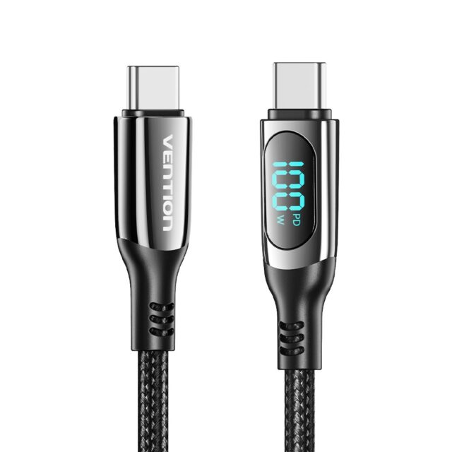Vention Cotton Braided USB 2.0 C Male to C Male 5A Cable With LED Display 1.2M Black Zinc Alloy Type - imagine 2