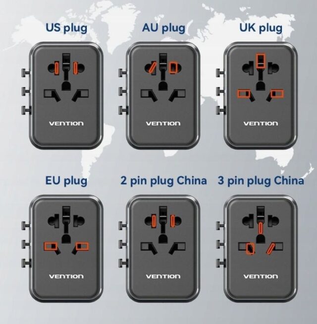 Uniwersalny adapter podróżny z ładowarką Vention 65W GaN 2x USB-A 2x USB-C czarny - imagine 13