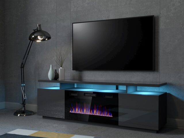 RTV EVA cabinet with electric fireplace 180x40x52 cm graphite/glossy graphite - imagine 3