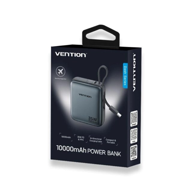 Powerbank Vention 10000mAh 35W PD z wbudowanym kablem USB-C szary - imagine 5