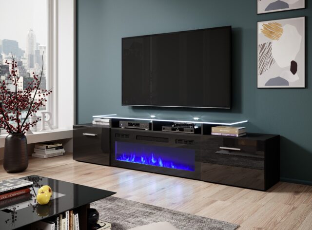 RTV cabinet ROVA with electric fireplace 190x37x48 cm black/black gloss - imagine 3